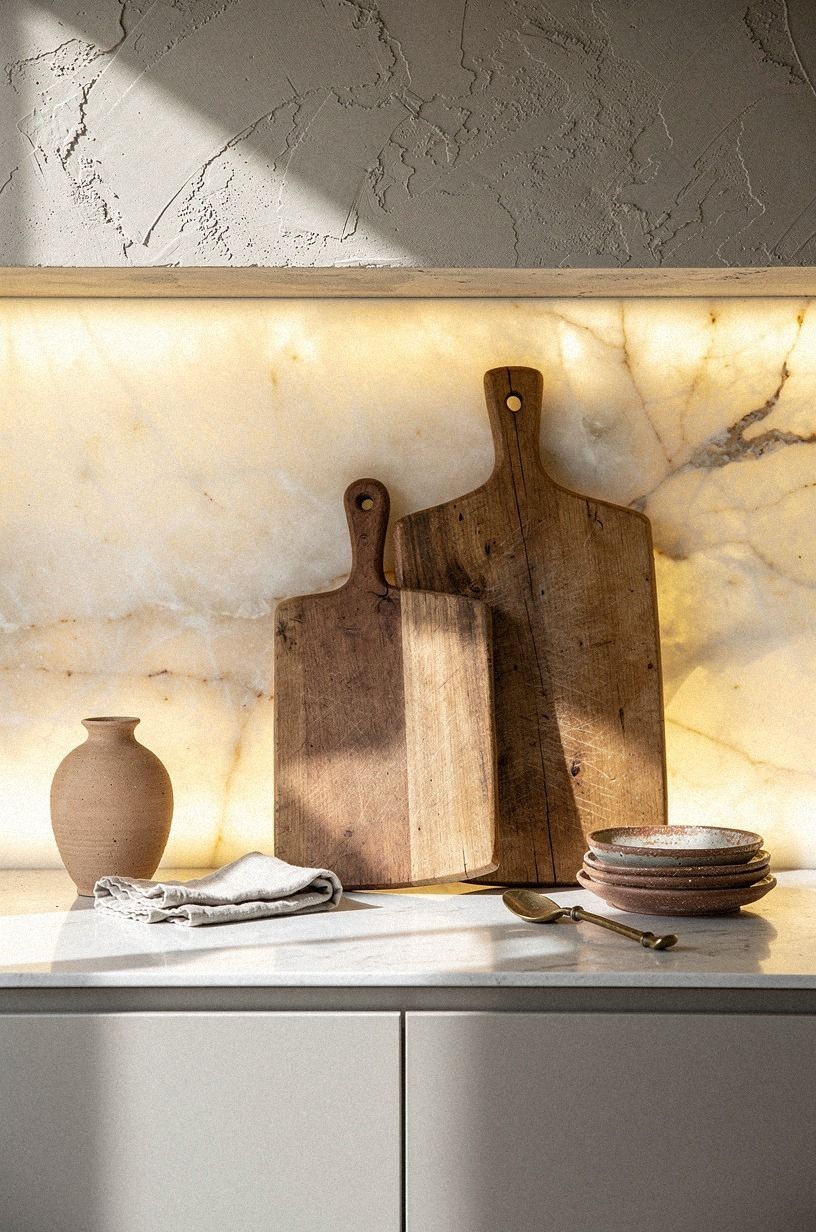 Lean oversized bread boards against the backsplash