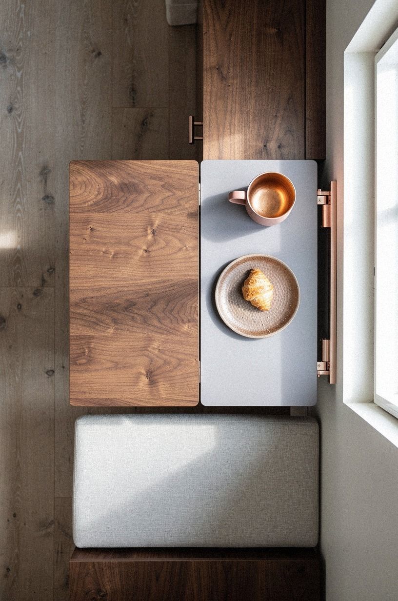 Mount a fold down table beside cabinets (What if the table disappeared?)