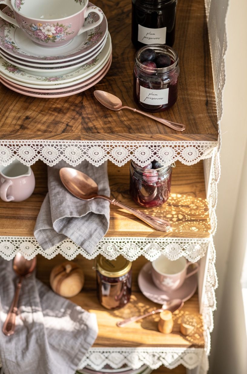 Line open shelves with scalloped lace trim