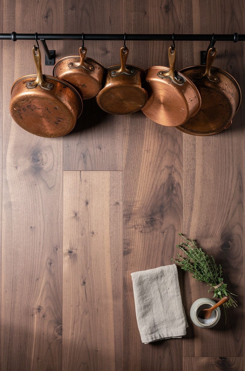 Hang copper pots from a black ceiling rail