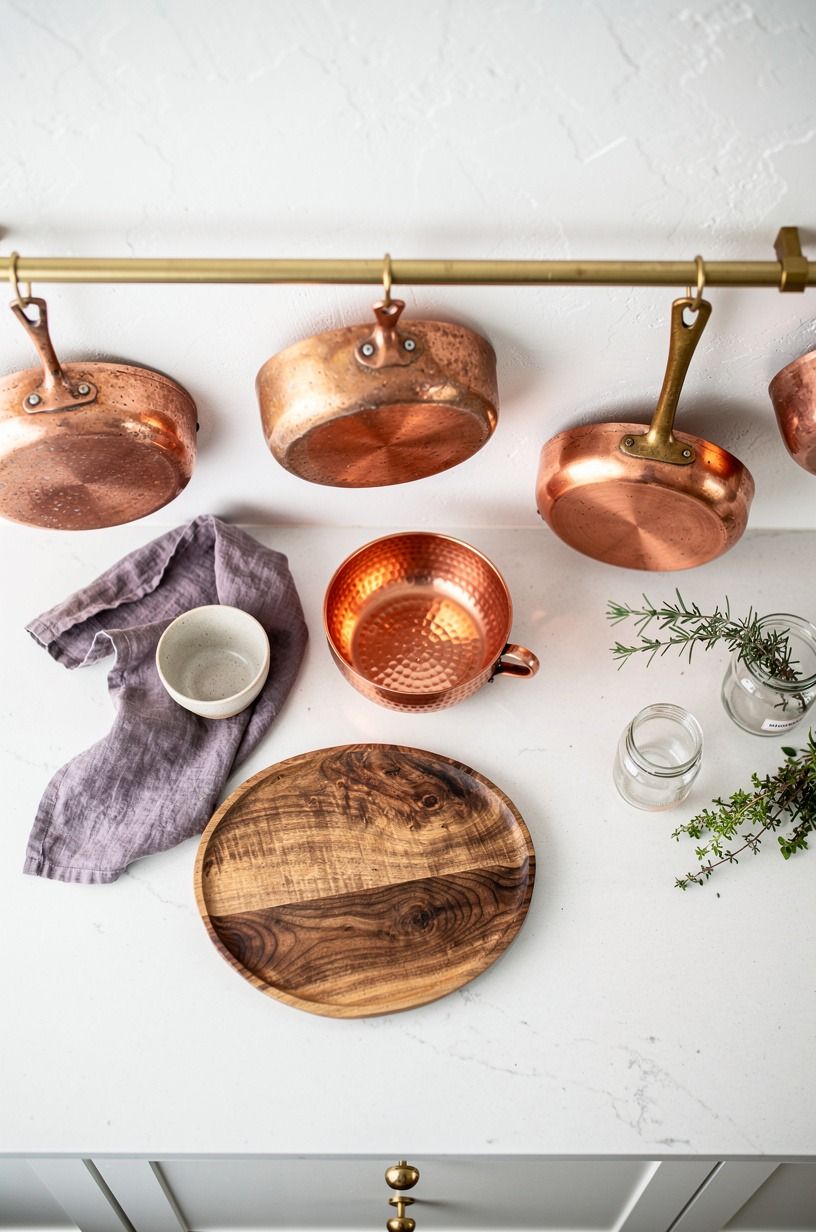 Hang copper pans on a brass rail