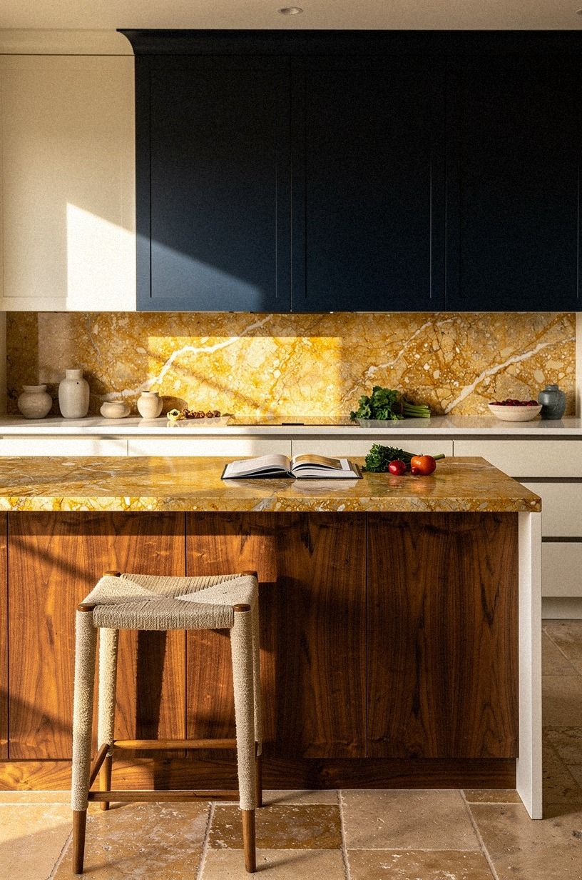 Match stained cabinets to warm marble veining