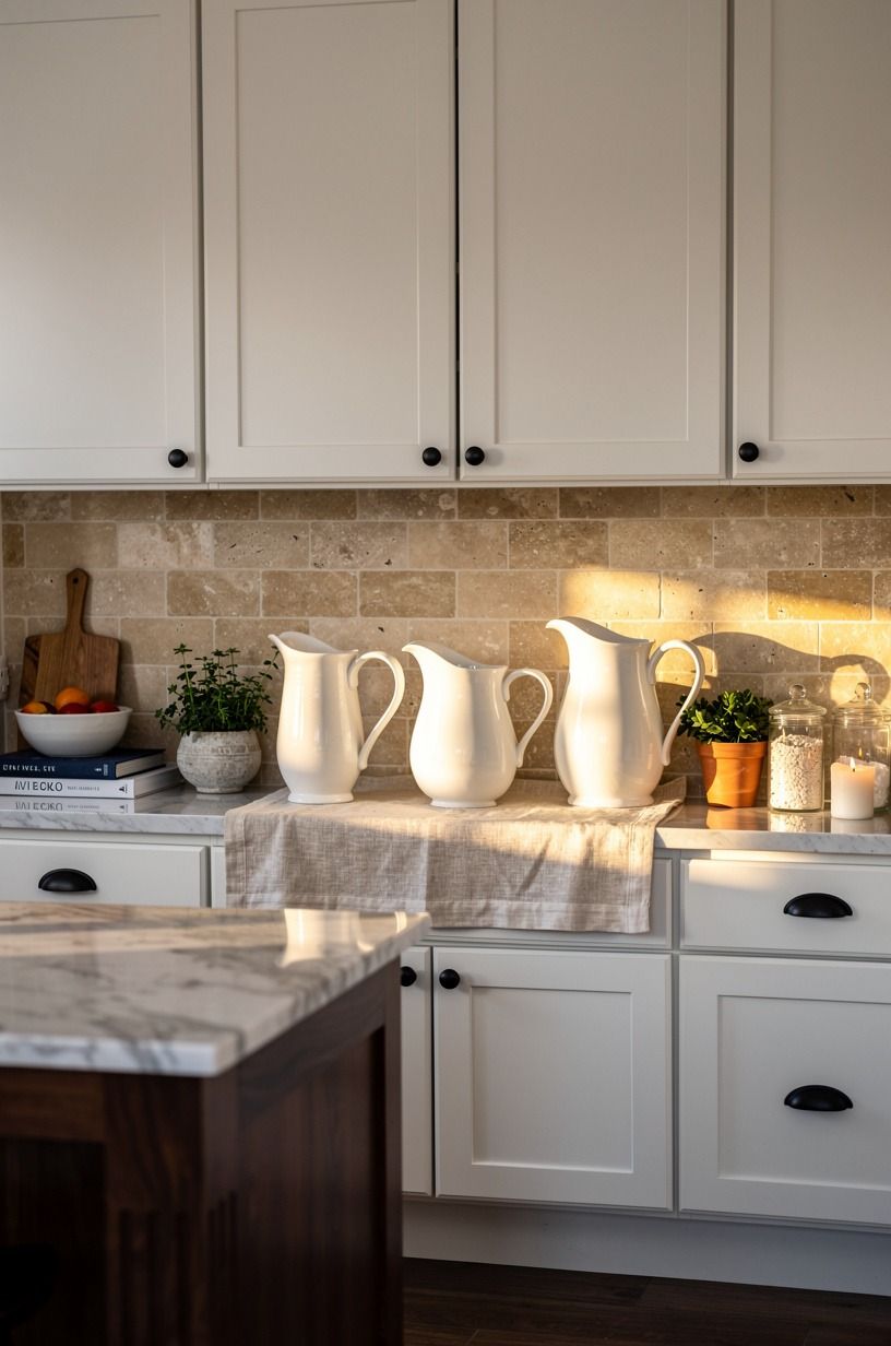 Style marble counters with collected white pitchers