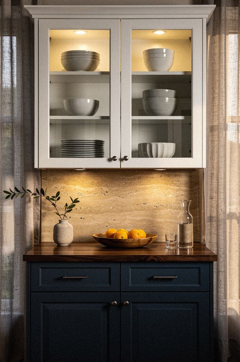 I hid puck lights inside glass-front cabinets