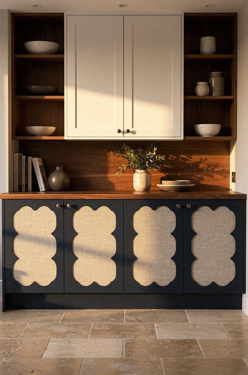 Use scalloped fabric panels on lower cupboards