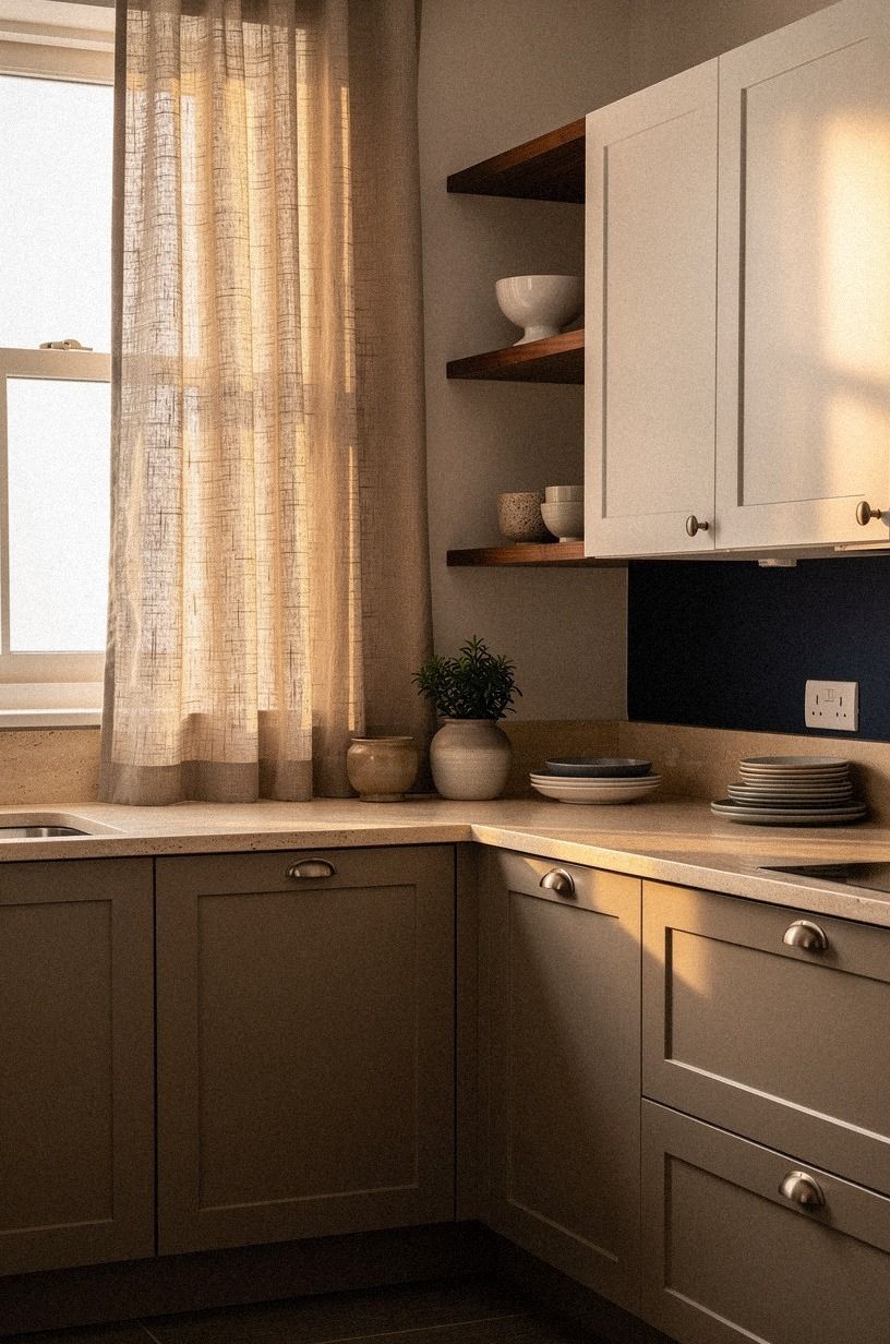 Paint lower cabinets a soft mushroom taupe