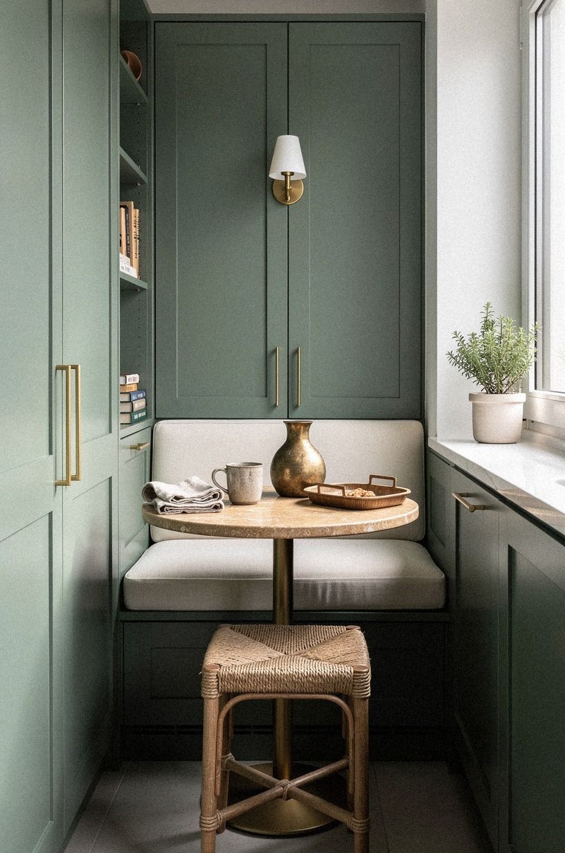 Wrap corner seating around the cabinet end (The L-Turn Nook)