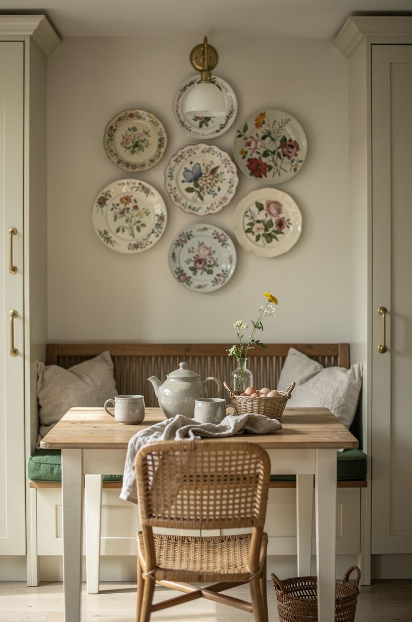Cluster floral plates above the breakfast nook