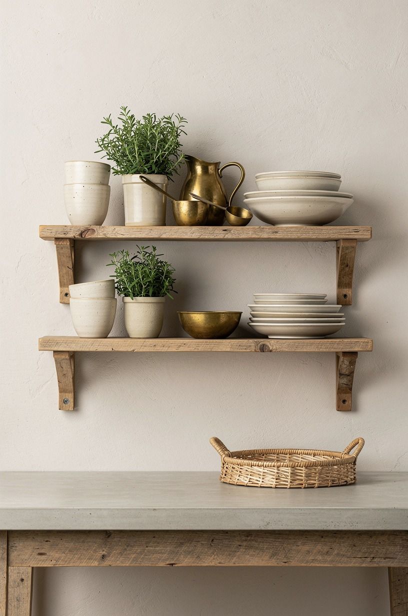 Install open shelves on rough sawn brackets