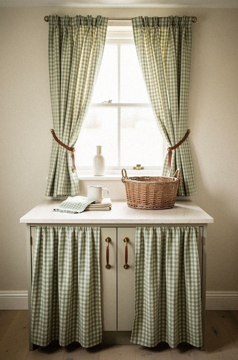 Tie gingham curtains with leather cabinet pulls