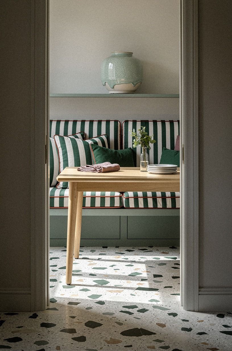 Layer striped cushions along the built-in seat