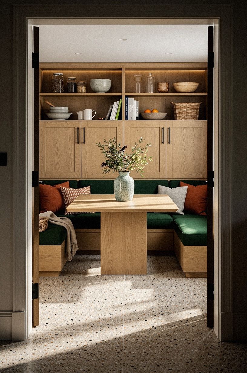 Upholster the banquette in performance linen