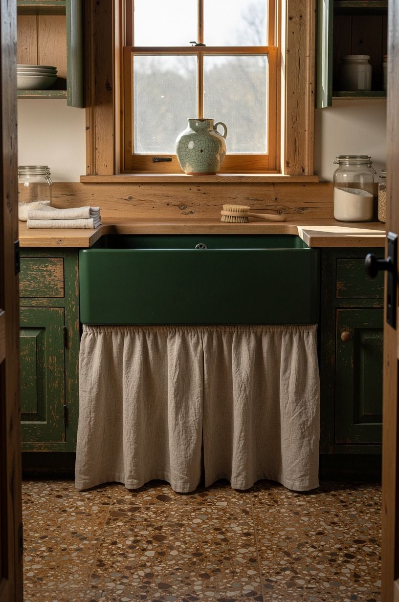 Skirt the sink base with washed linen