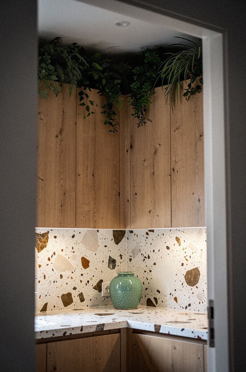 Tuck trailing greenery into high corner gaps