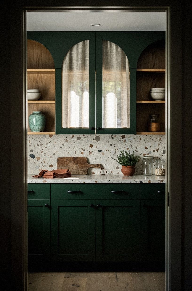 Layer sheer panels behind arched cabinet doors