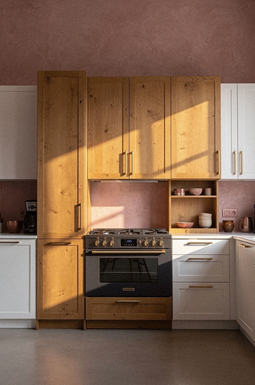 Frame the range wall in warm oak