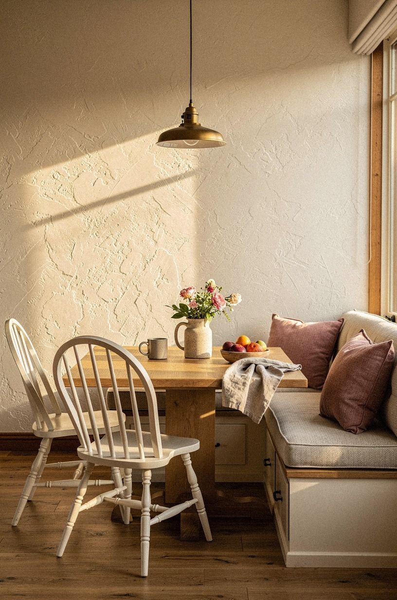 Place spindle chairs opposite the banquette