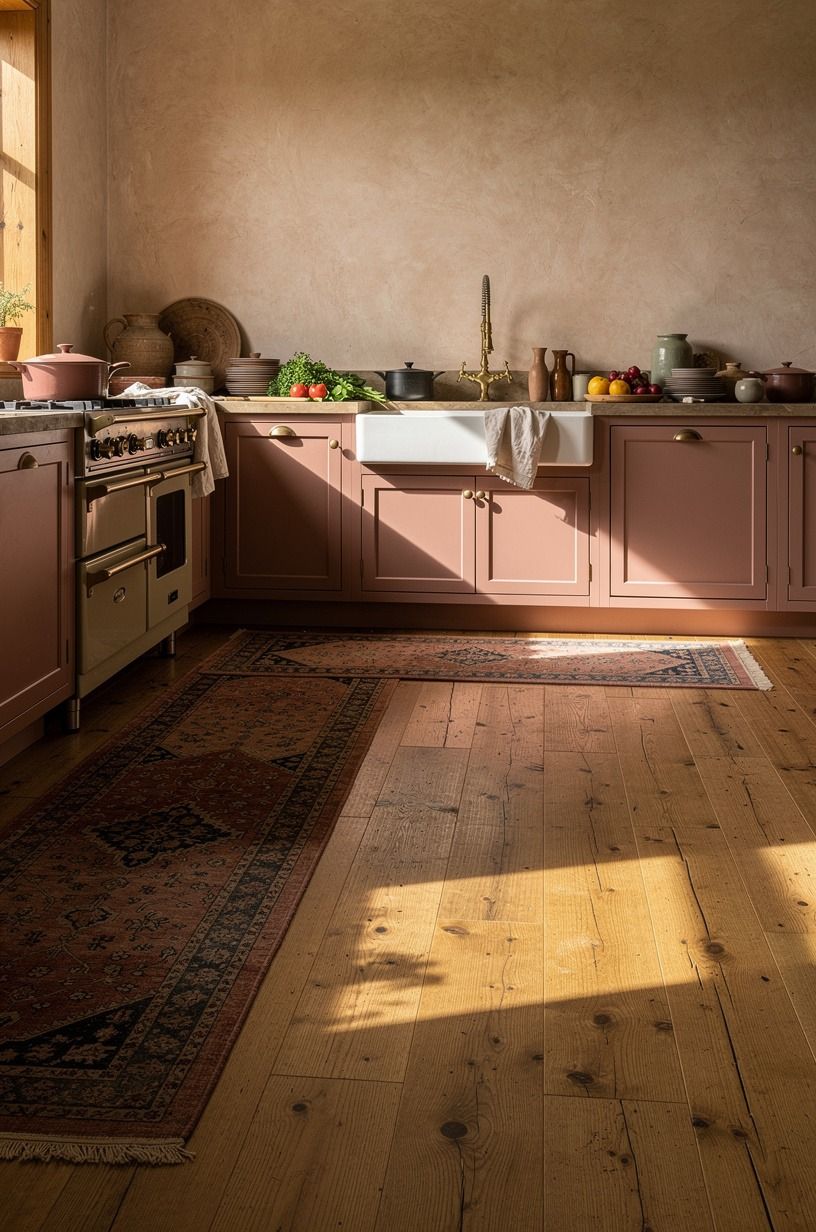 Layer antique runners over wide plank flooring