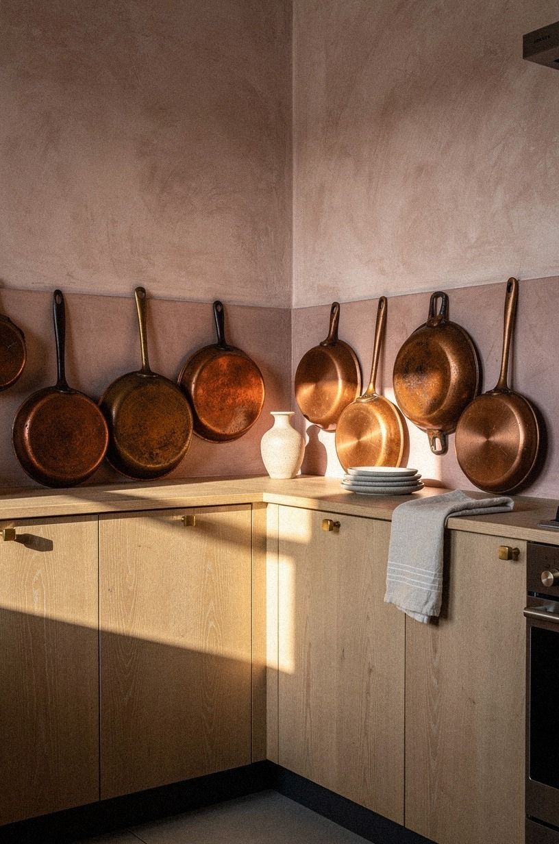 Display vintage copper pans above the cabinets