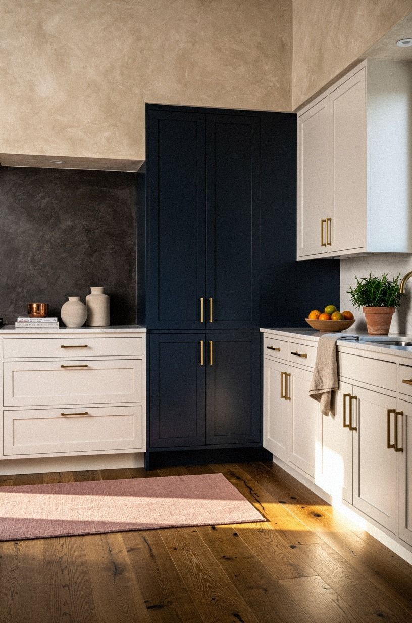 Frame white cabinets with a navy pantry wall