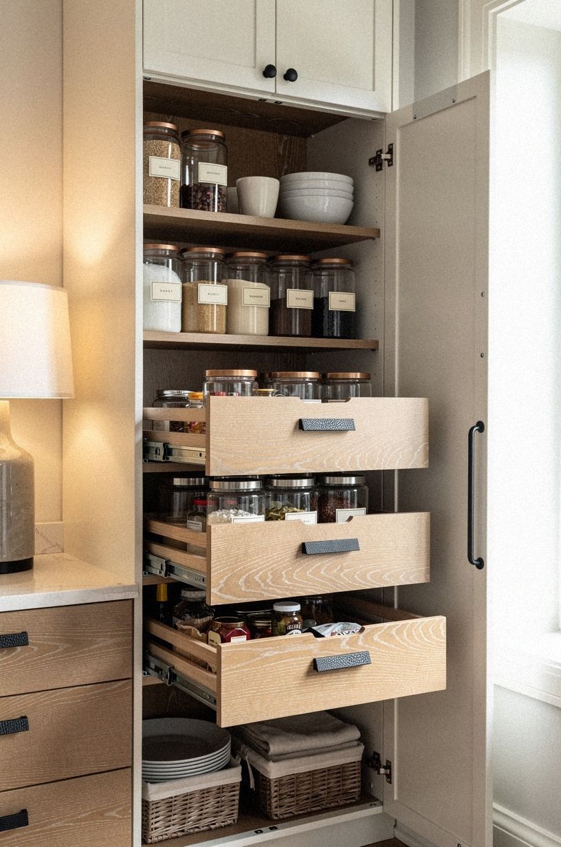 Label matching jars on pull-out shelves