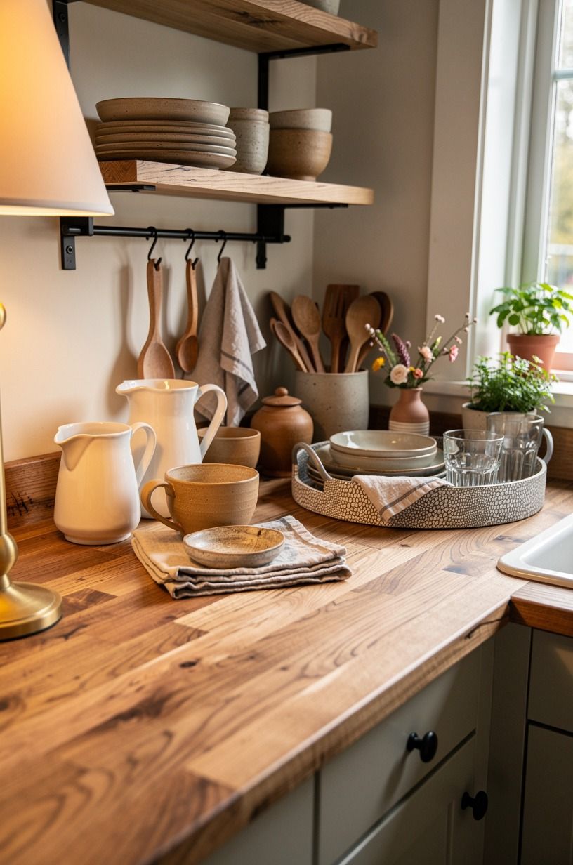 Layer butcher block counters with crockery stations