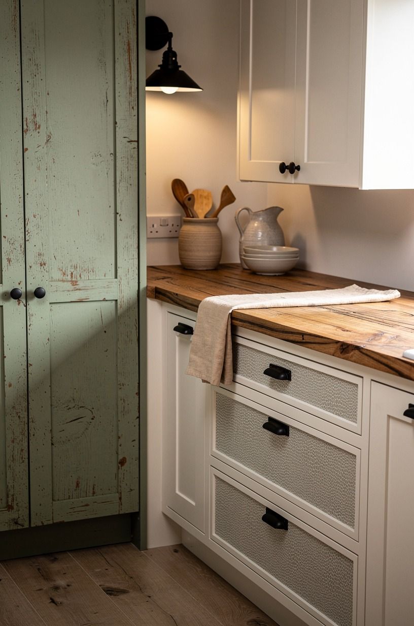 Paint pantry doors a weathered sage green