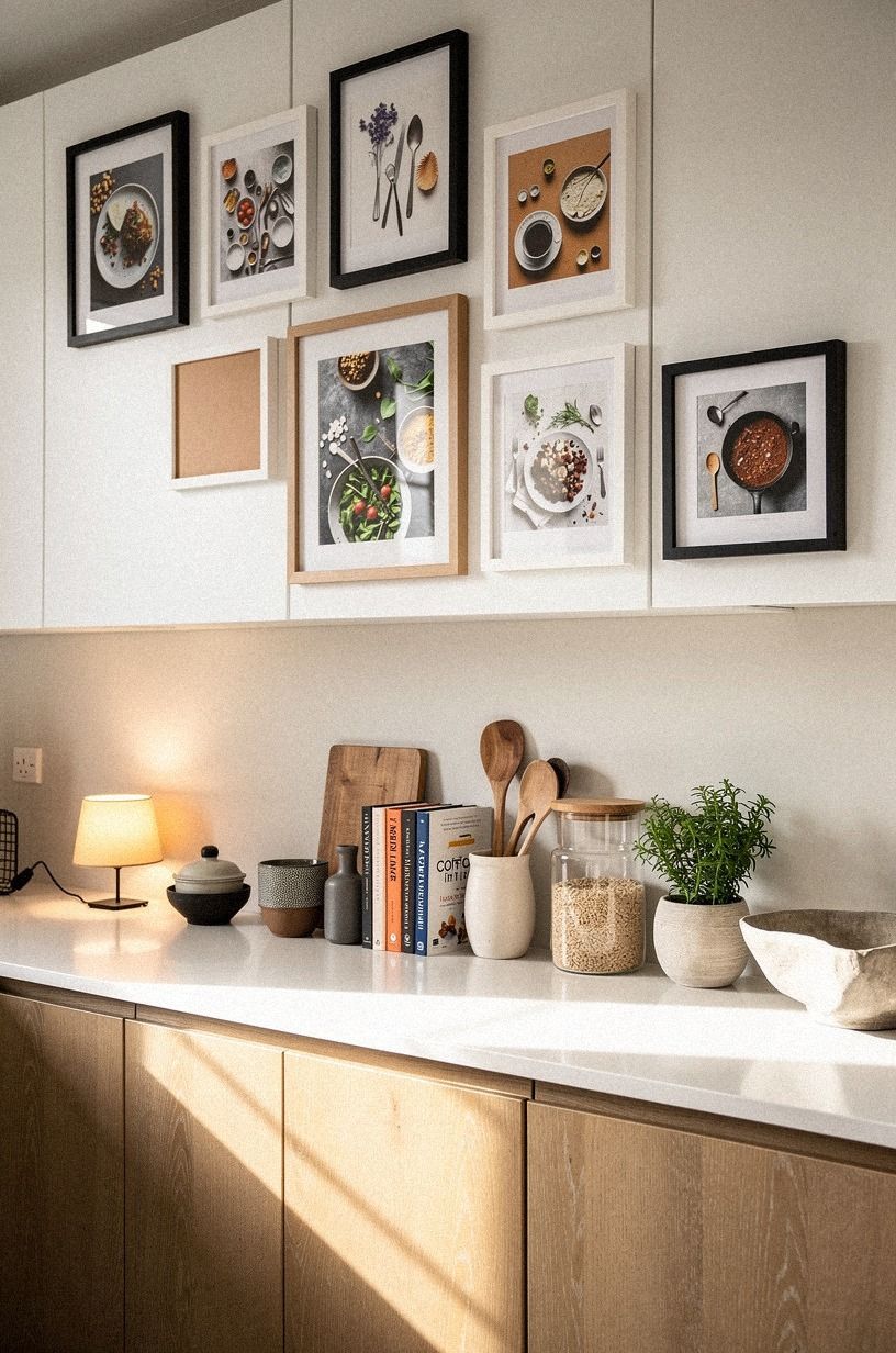 Build a low gallery of framed kitchen prints