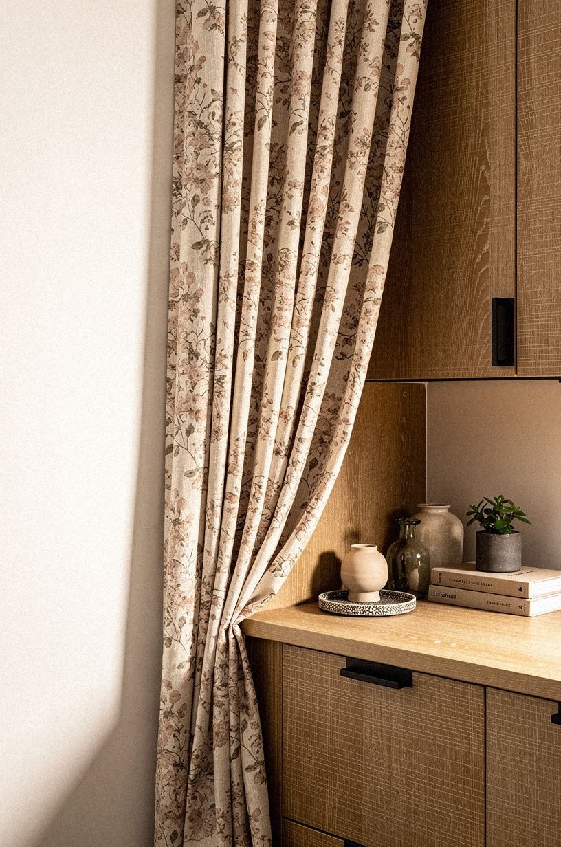 Frame corner cabinets with soft floral fabric