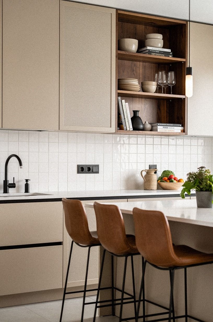 Warm up beige cabinets with walnut shelves