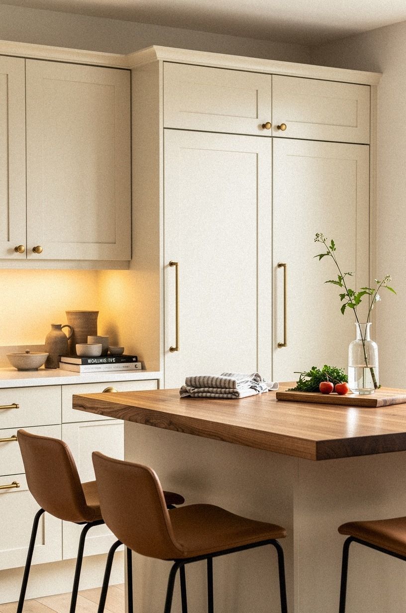 Add unlacquered brass to creamy inset cabinets