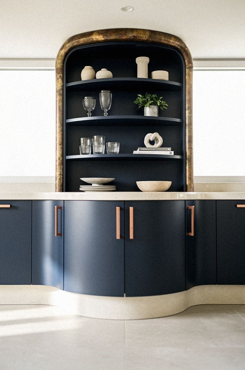 Curve the end cabinet into open display