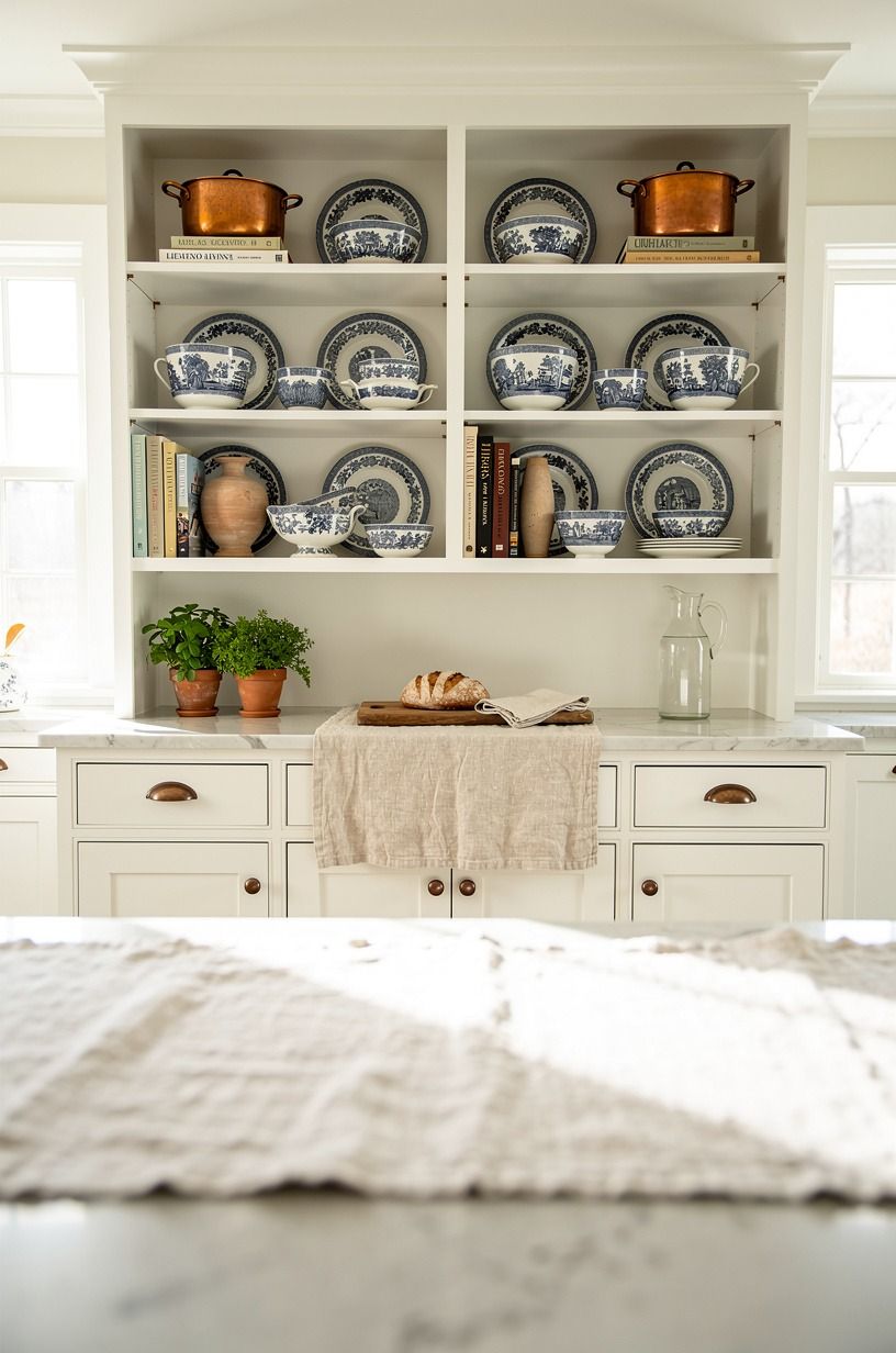 Display blue transferware on open shelves