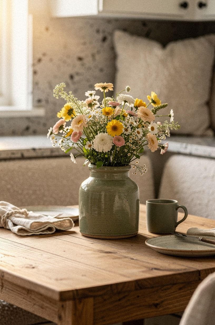 Style a crock centerpiece with wildflowers