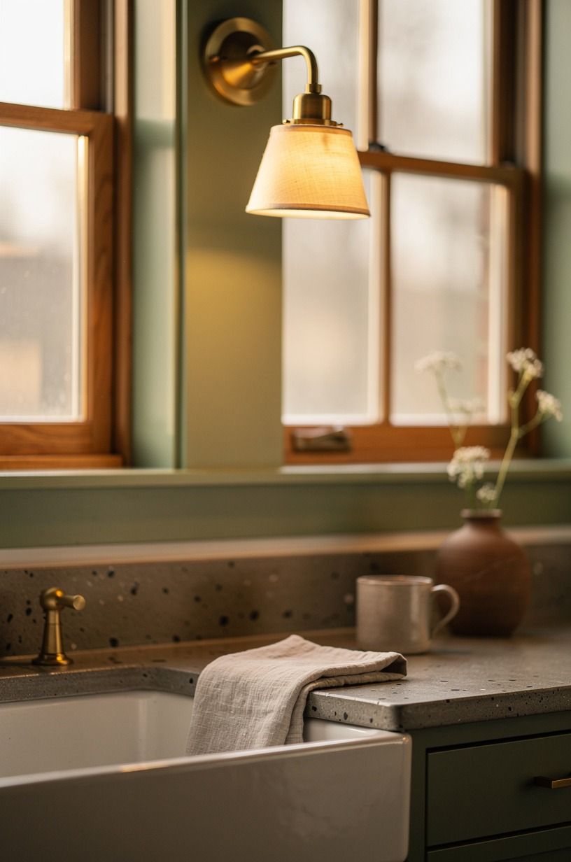 Mount brass sconces above farmhouse sink windows