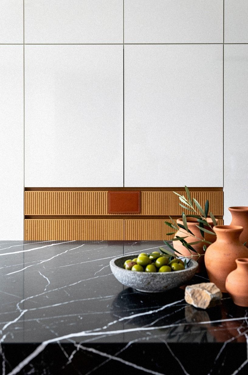 Soften glossy white with ribbed wood