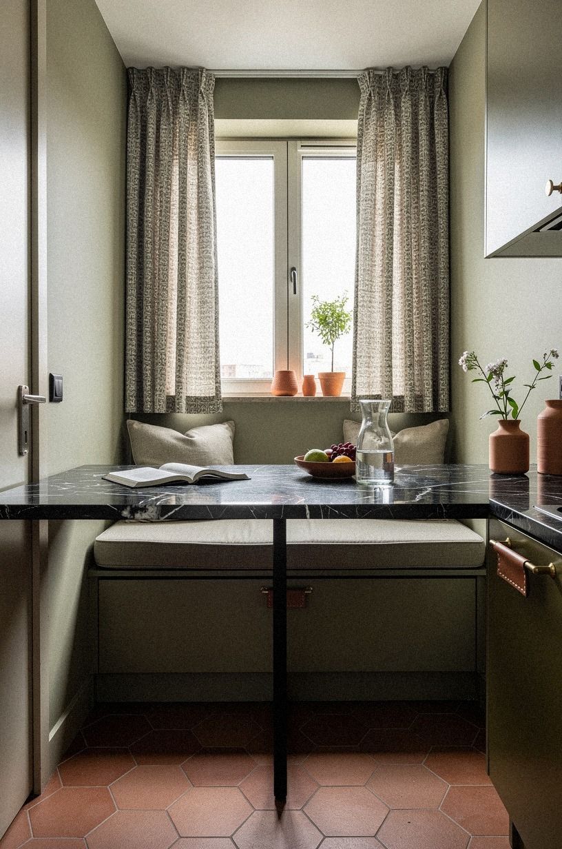 Frame the nook with patterned cafe curtains (Soft Pattern, Hardworking Privacy)