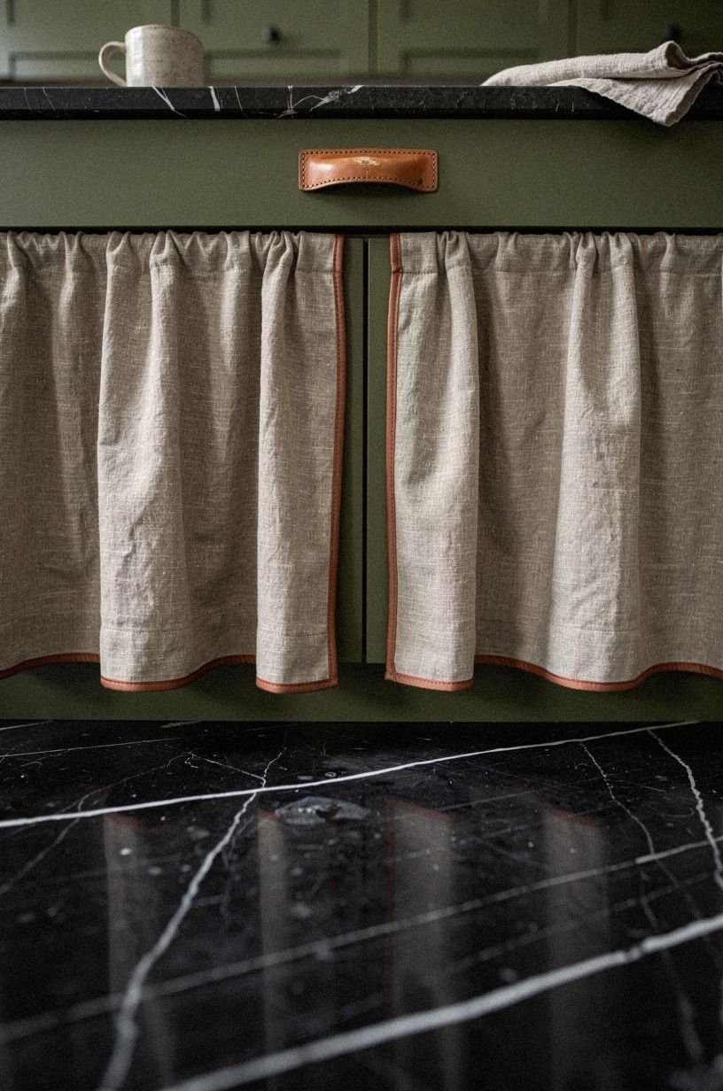 Trim cupboard curtains with contrast piping