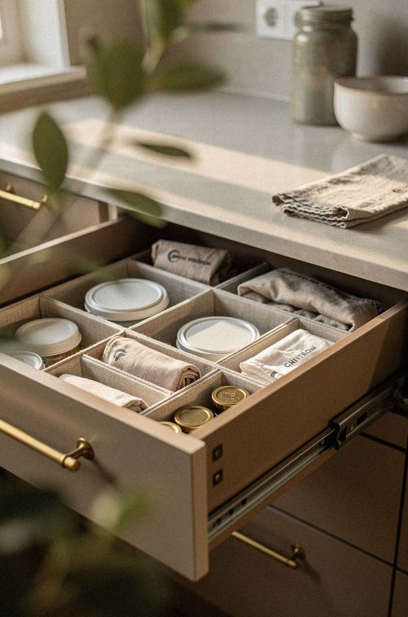 Use drawer inserts for lids and food wraps