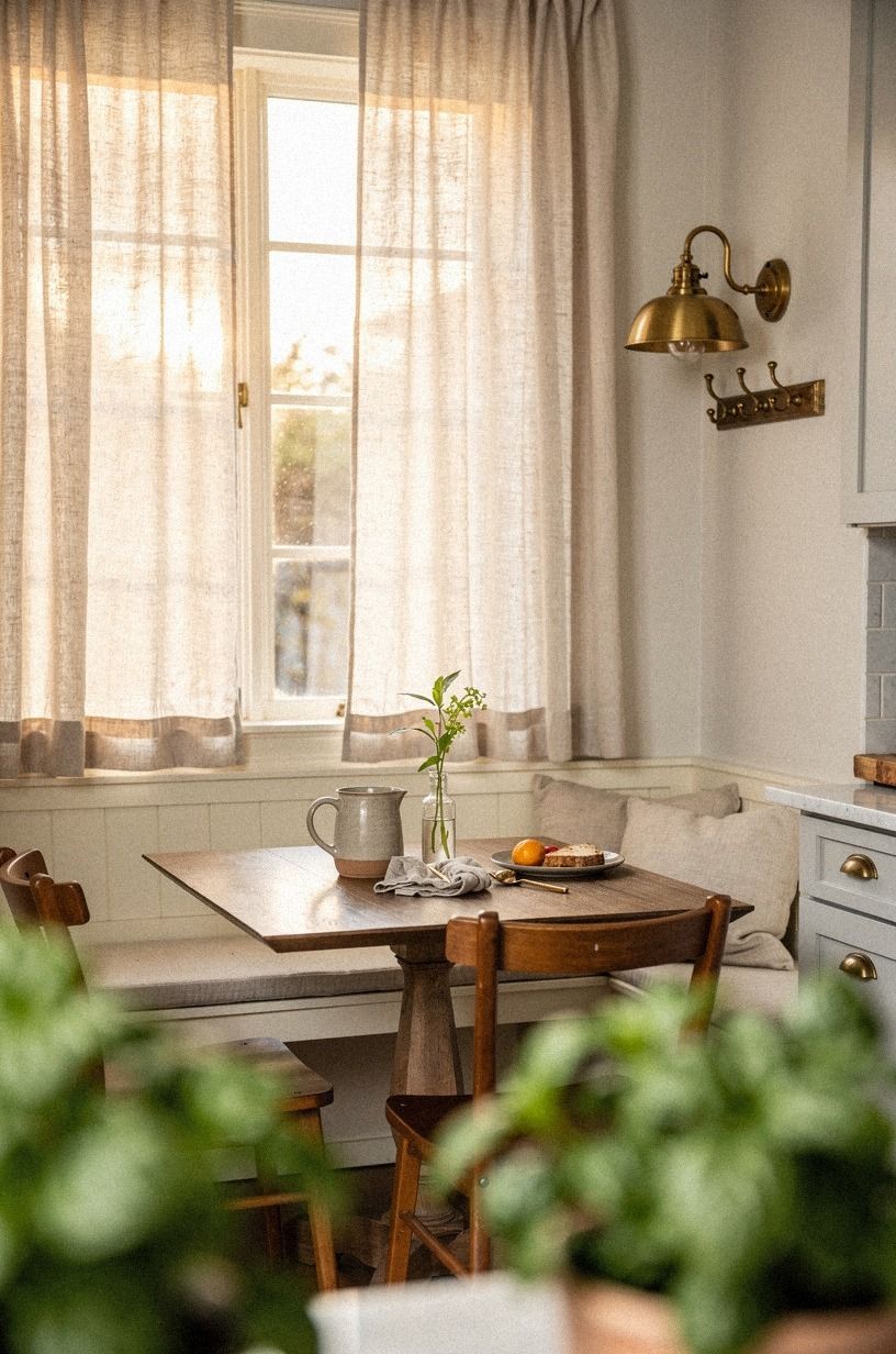 Frame windows with linen cafe curtains