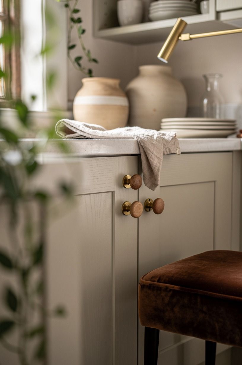 Mix unlacquered brass with painted wooden knobs