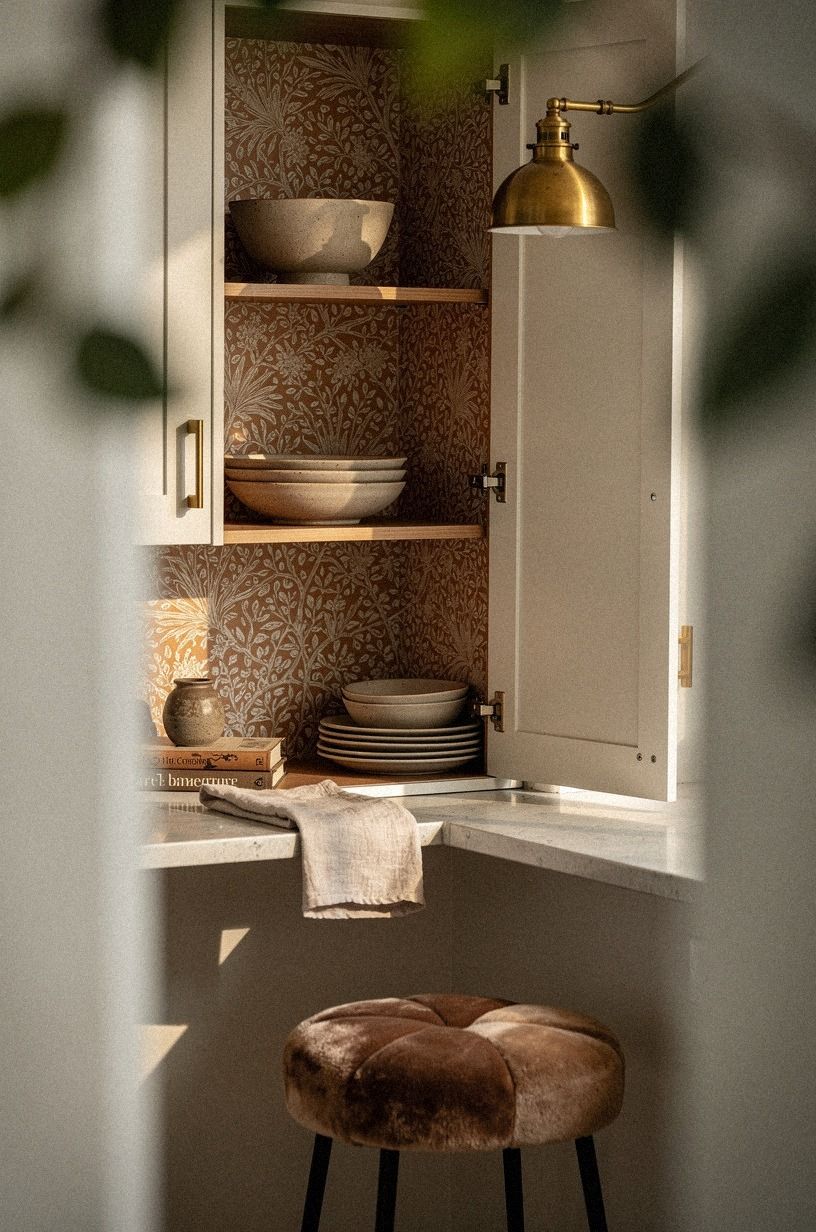 Line cabinet backs with patterned contact paper
