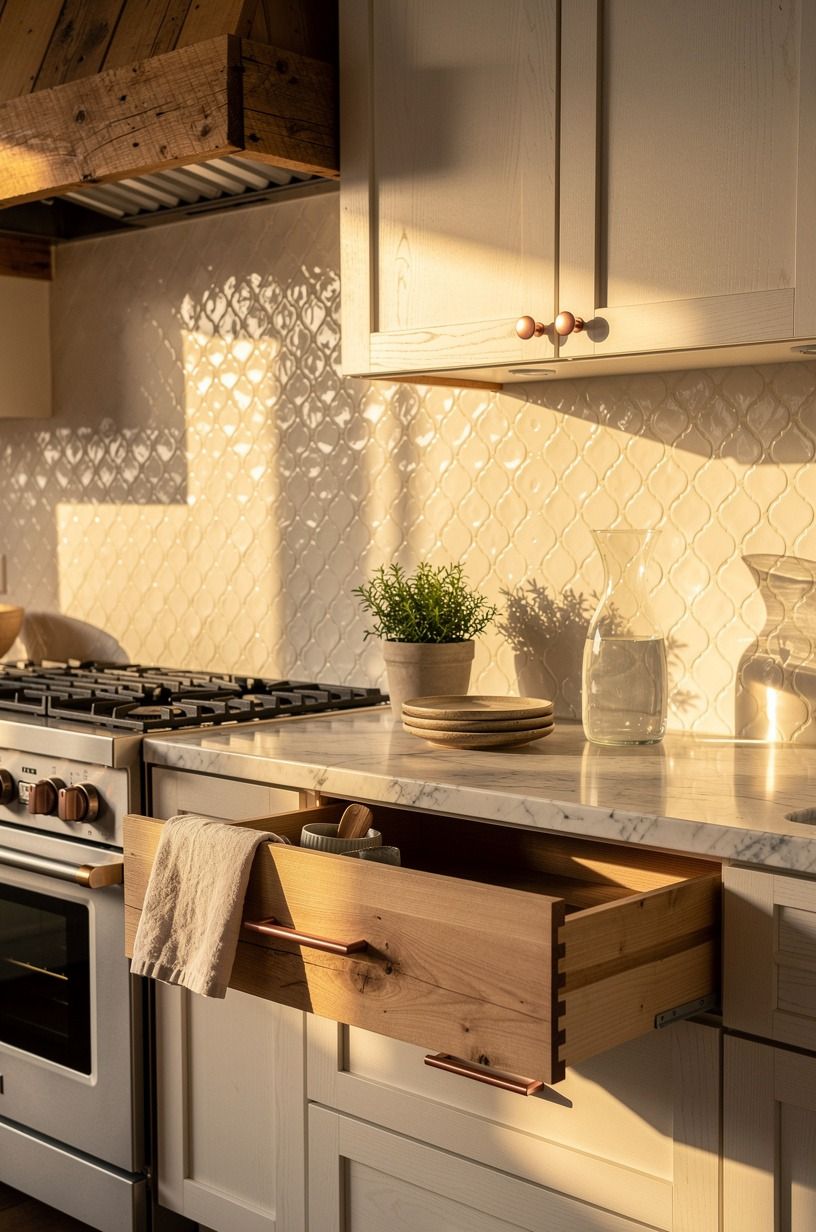 Line the backsplash with handmade cream zellige
