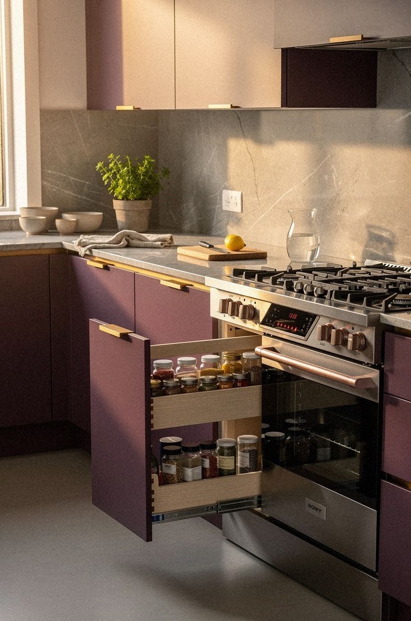 Tuck pullout spice towers beside the range