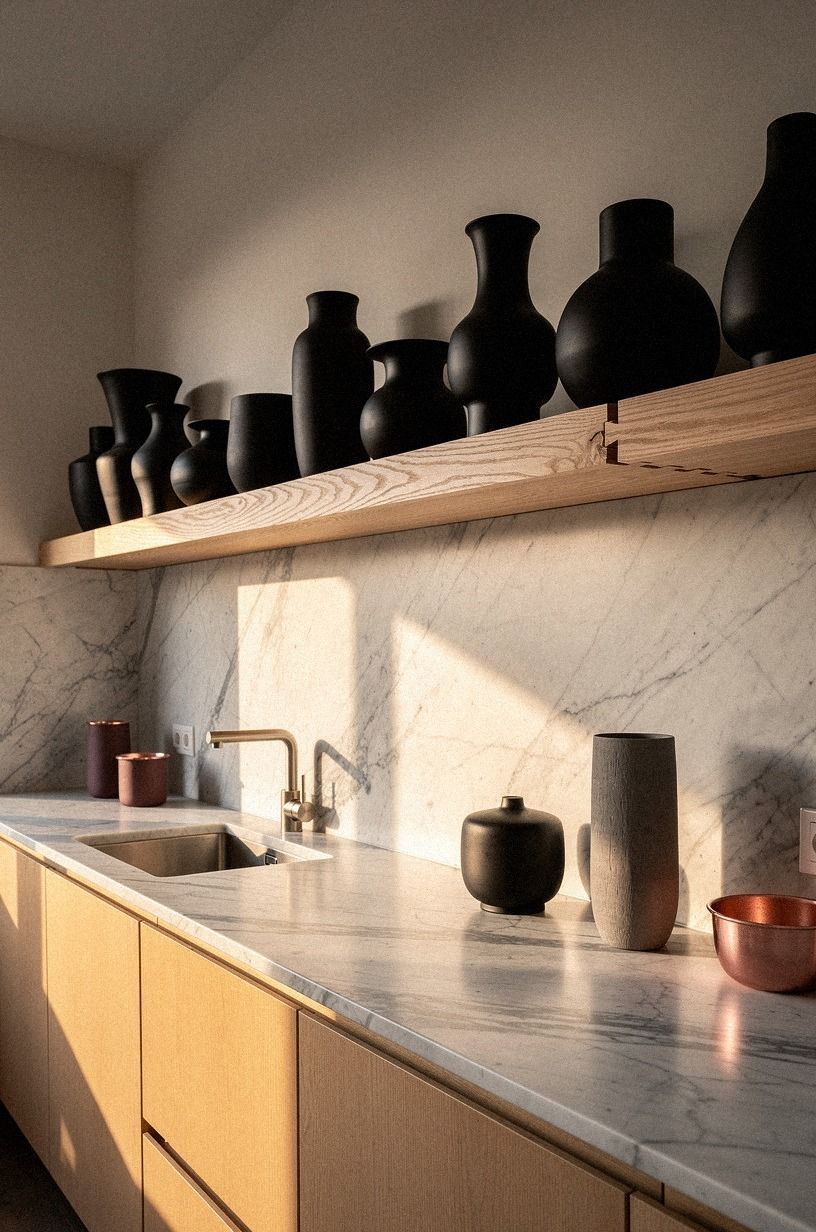 Line the ledge with matte black pottery