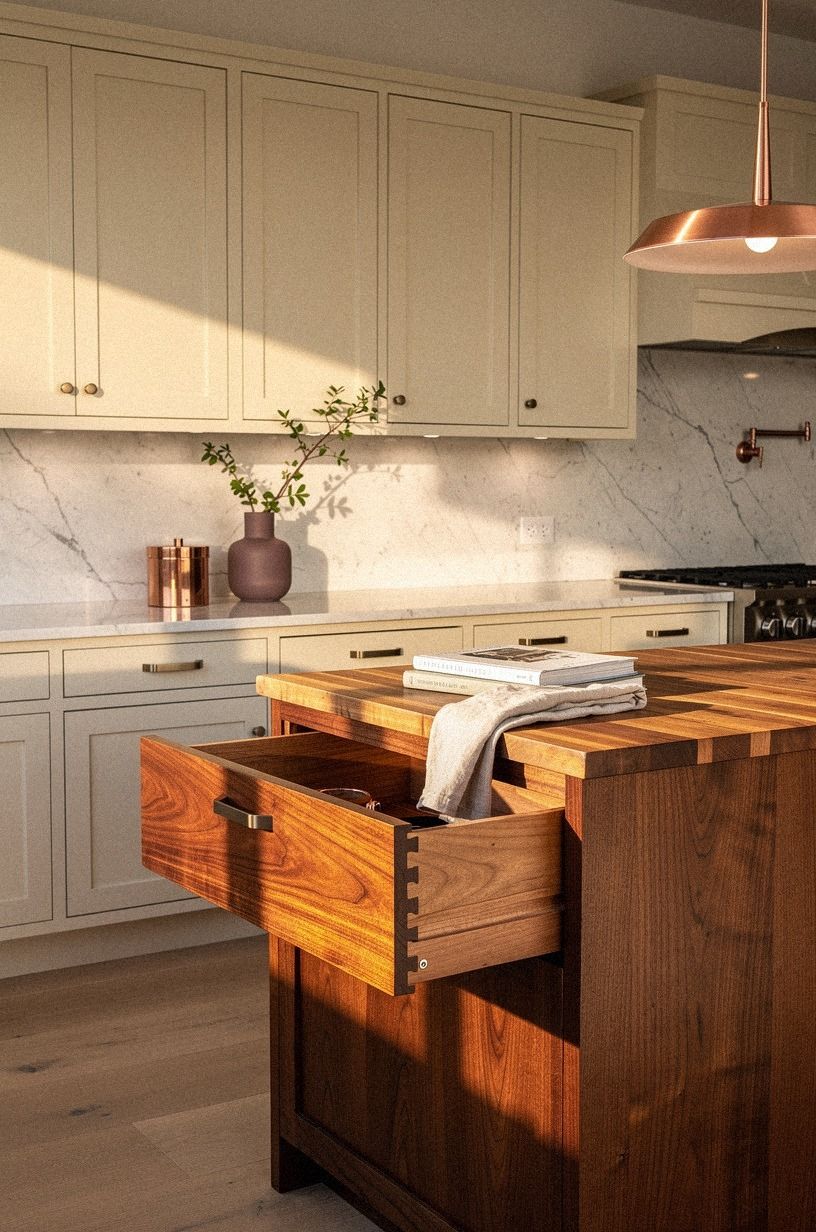 Pair cream painted cabinets with butcher block