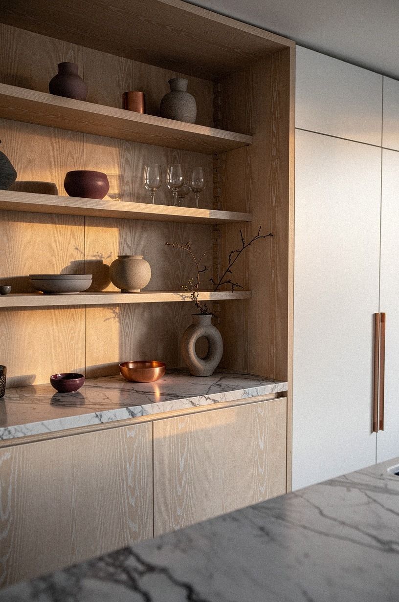 Choose white oak grain for open shelving