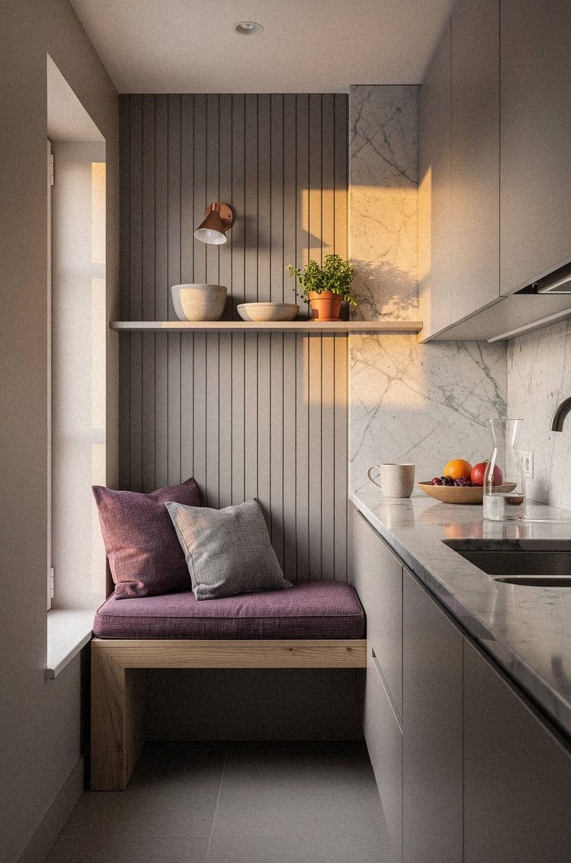 Run beadboard behind the wall bench (Texture Without Bulk)
