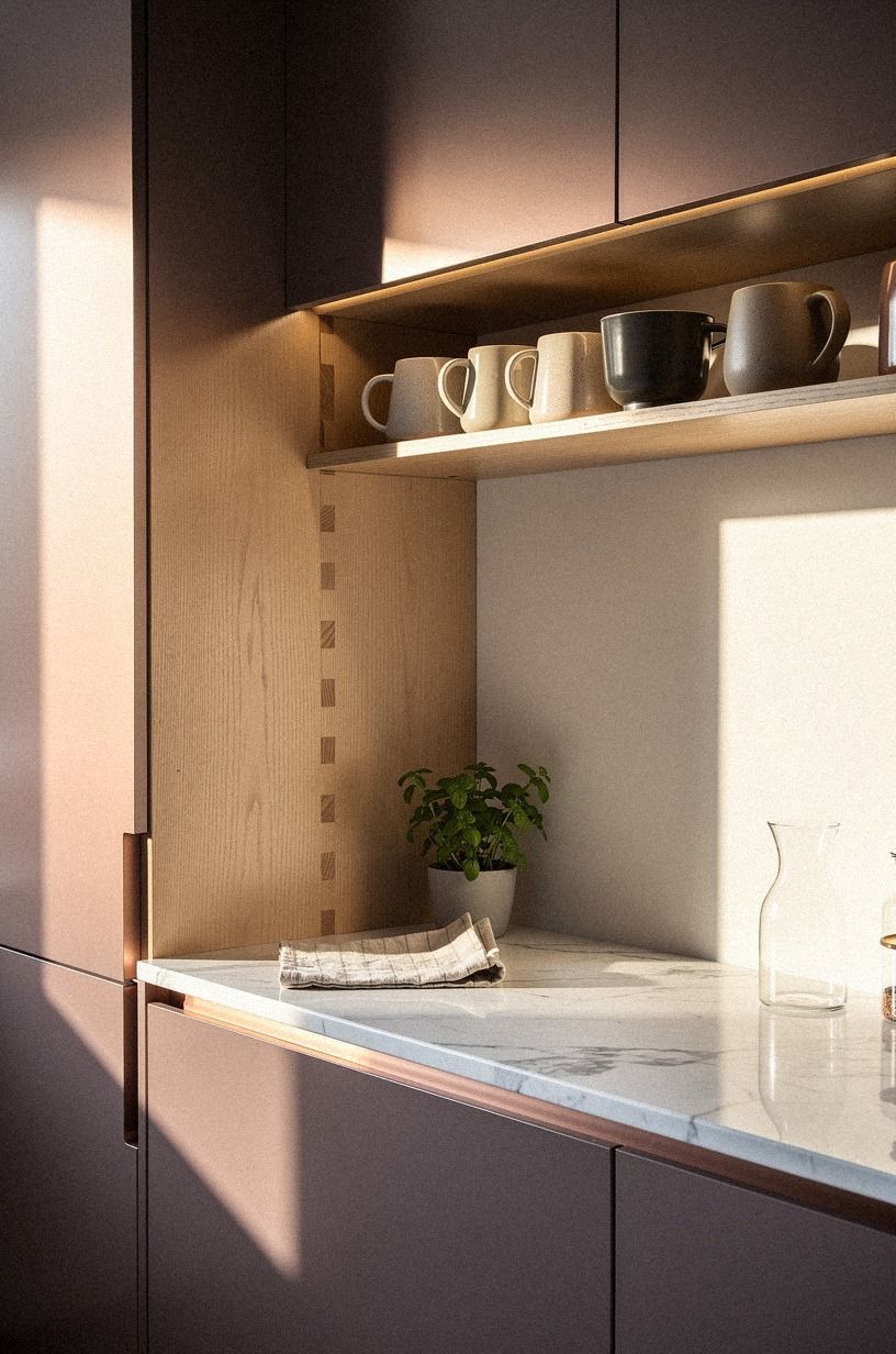 Store mugs on a shallow upper shelf