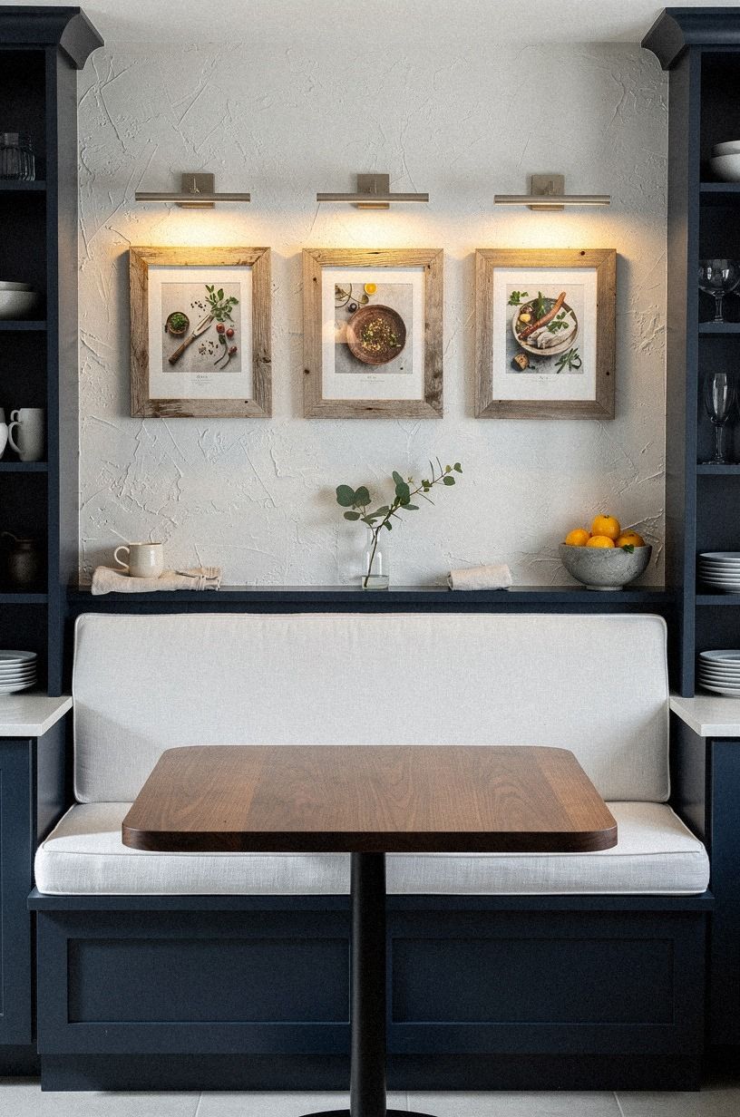 Mount picture lights over framed kitchen prints